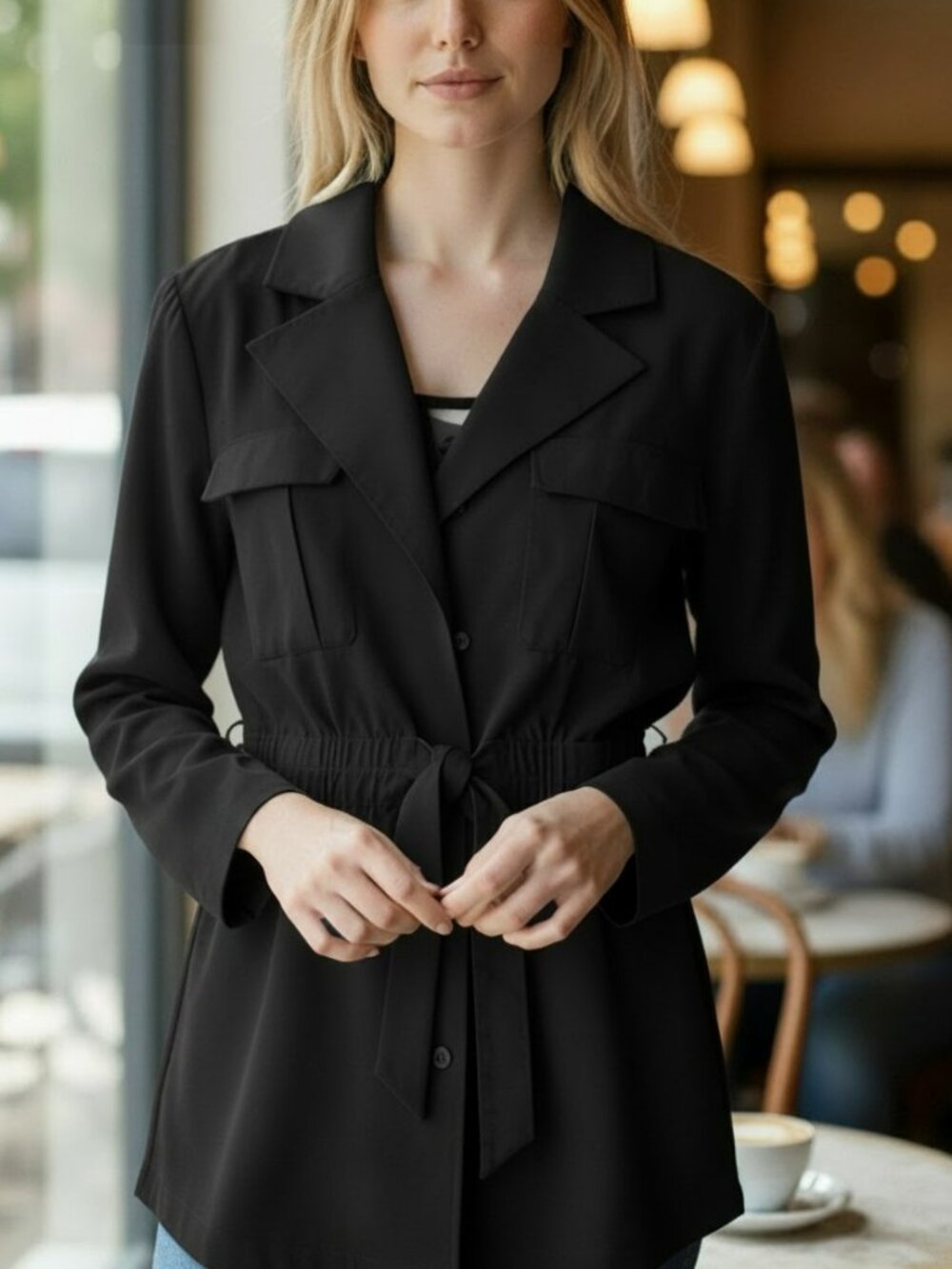 White House Black Market Black Lightweight Drawstring Utility Jacket Med Classic